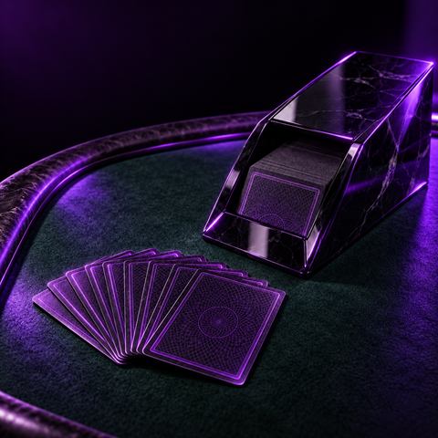 Mesa de crupier en vivo con fichas y cartas bajo luz cálida
