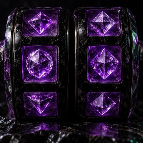Tambores de una tragamonedas con símbolos de gemas violetas talladas en piedra oscura