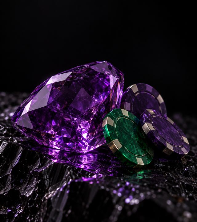 Luz de amatista sobre fichas y piedra tallada en la mesa de un casino