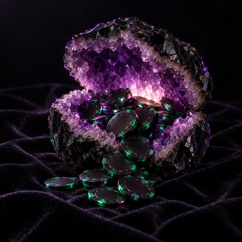 Fichas apiladas junto a una piedra violeta pulida sobre mármol oscuro