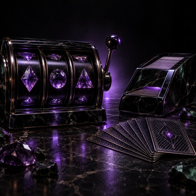 Composición de símbolos de juego bajo una luz violeta