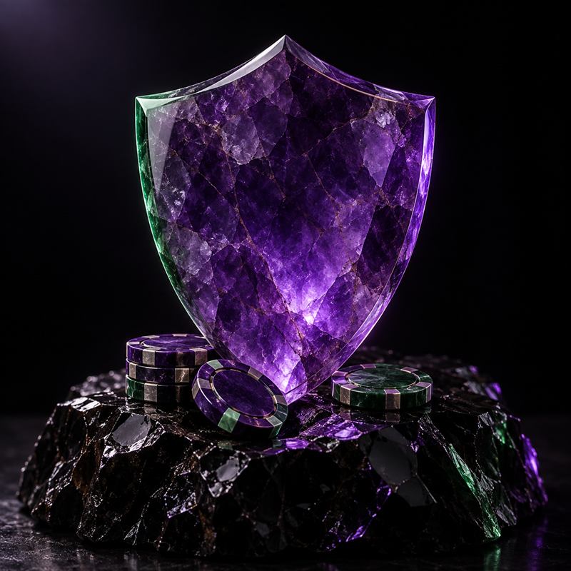 Piedra de amatista pulida junto a fichas sobre una superficie oscura