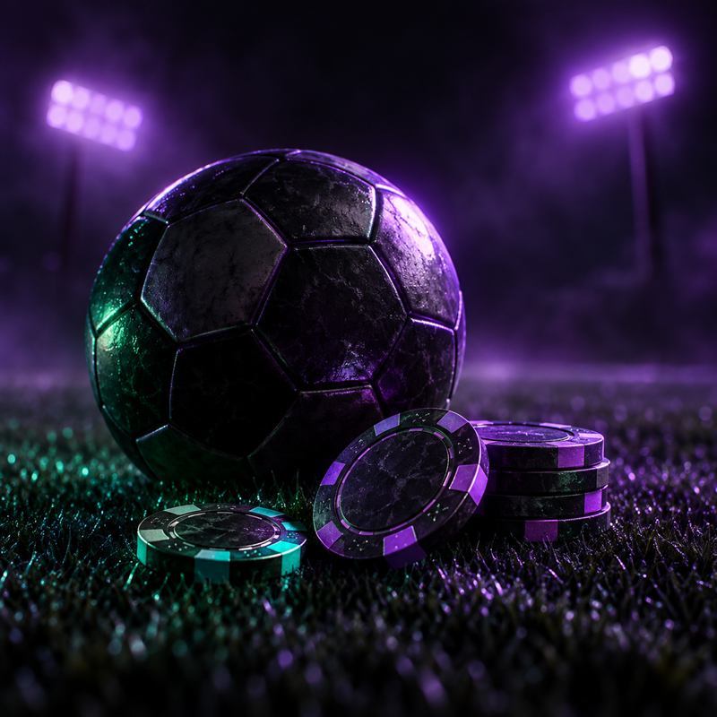 Balón de futbol y fichas de casino sobre el césped bajo los focos del estadio