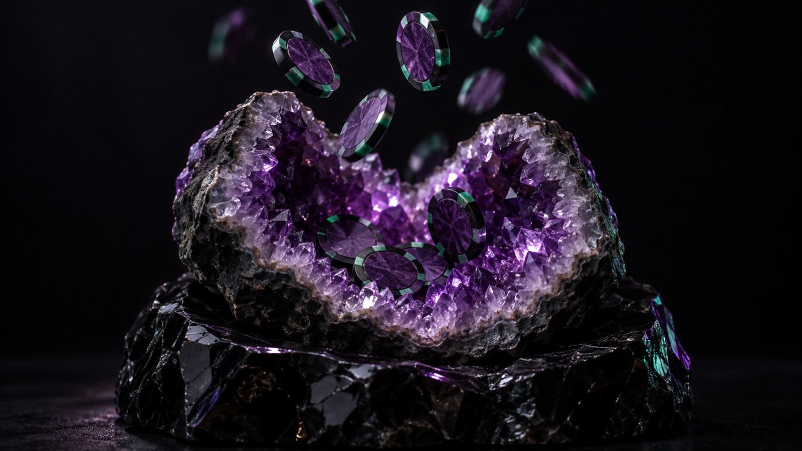Fichas de casino apiladas junto a una piedra pulida de color violeta