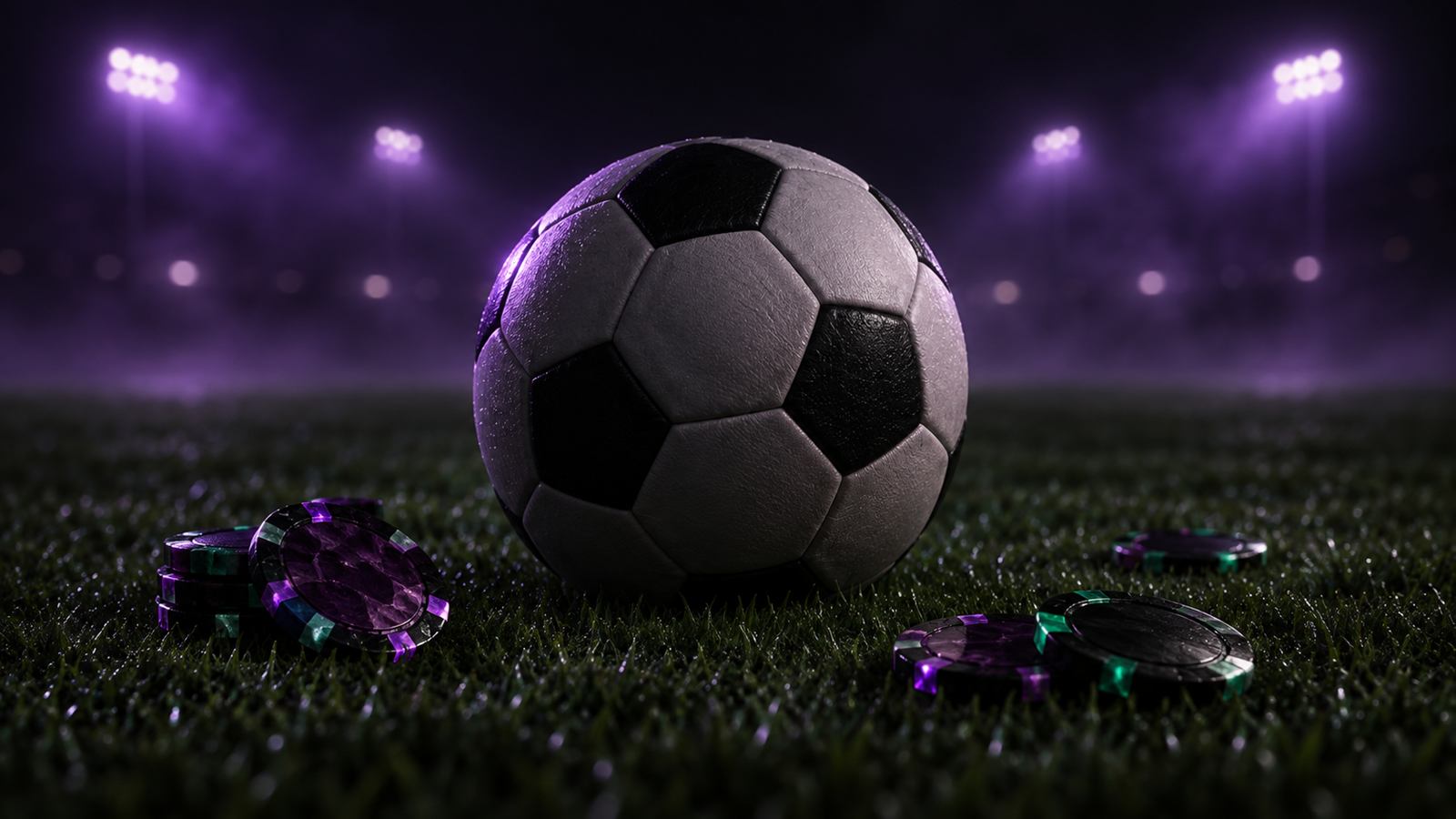 Balón de futbol sobre el pasto de un estadio iluminado de noche