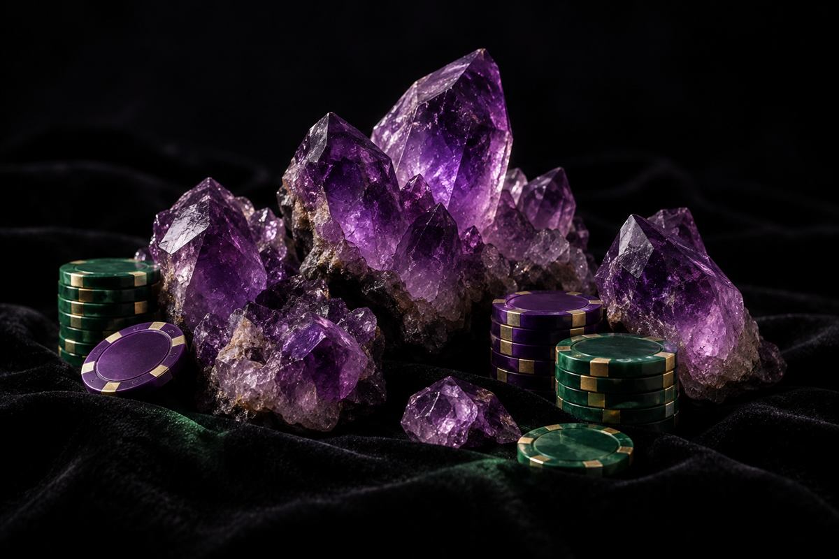 Piedras de amatista sobre terciopelo oscuro junto a fichas de casino